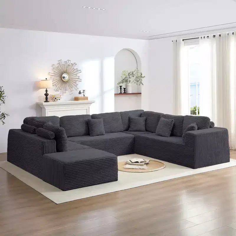 Mjkone 136 Canapé modulaire sectionnel en velours côtelé en forme de U, canapé moderne à 7 places avec sièges profonds et ottoman mobile