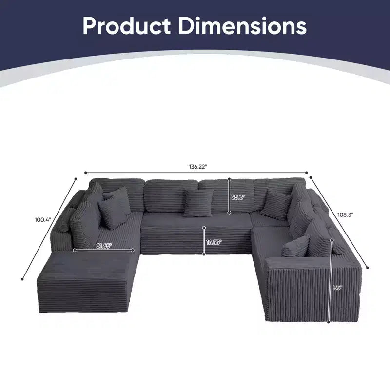 Mjkone 136 Canapé modulaire sectionnel en velours côtelé en forme de U, canapé moderne à 7 places avec sièges profonds et ottoman mobile