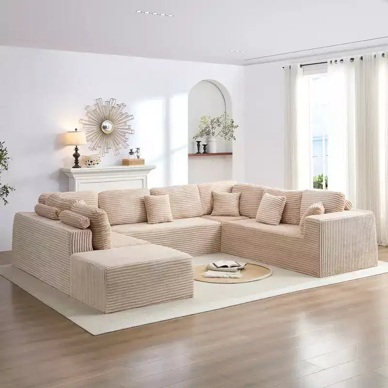 Mjkone 136 Canapé modulaire sectionnel en velours côtelé en forme de U, canapé moderne à 7 places avec sièges profonds et ottoman mobile