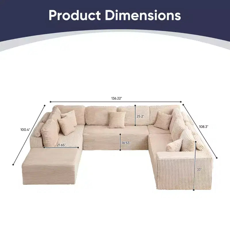 Mjkone 136 Canapé modulaire sectionnel en velours côtelé en forme de U, canapé moderne à 7 places avec sièges profonds et ottoman mobile