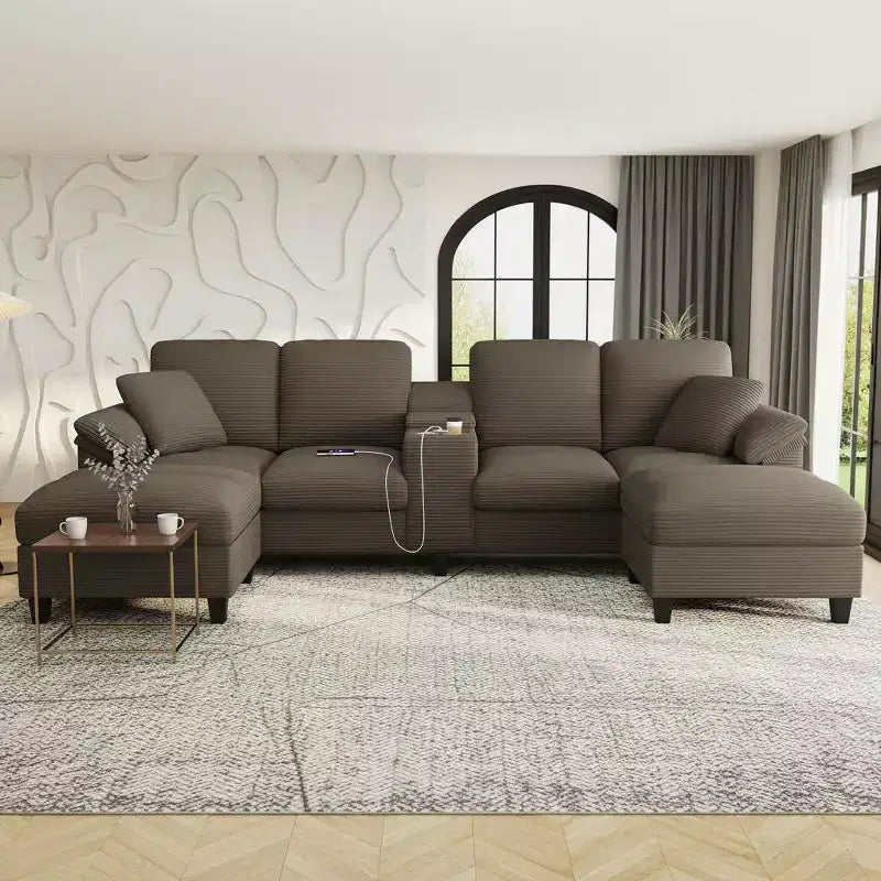 Canapé d'angle en velours côtelé Polibi en U avec poufs de rangement cachés, console USB et porte-gobelets