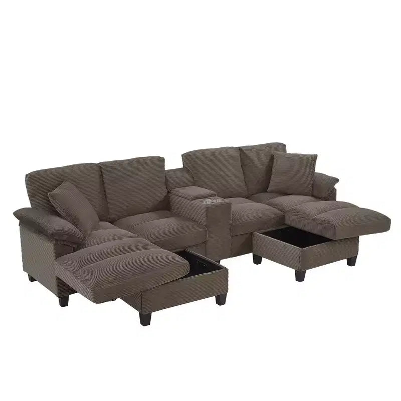 Canapé d'angle en velours côtelé Polibi en U avec poufs de rangement cachés, console USB et porte-gobelets