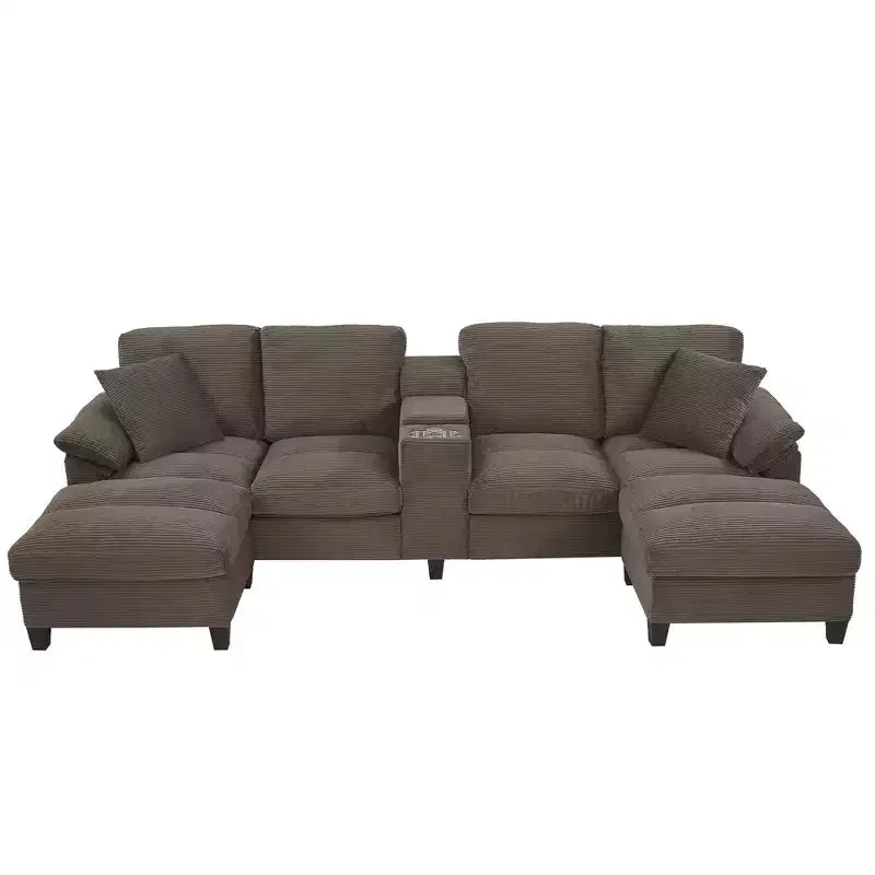 Canapé d'angle en velours côtelé Polibi en U avec poufs de rangement cachés, console USB et porte-gobelets