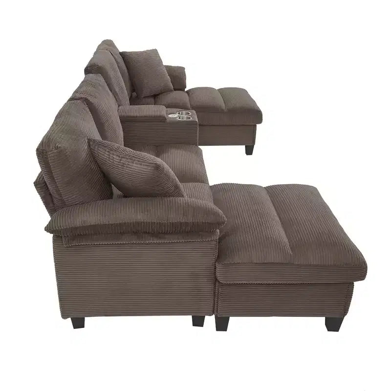 Canapé d'angle en velours côtelé Polibi en U avec poufs de rangement cachés, console USB et porte-gobelets