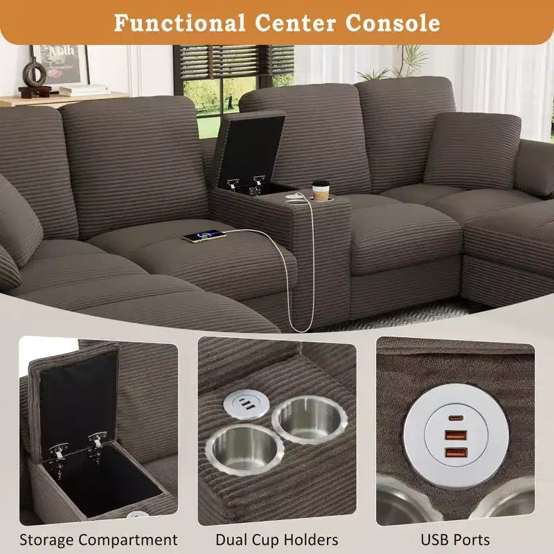 Canapé d'angle en velours côtelé Polibi en U avec poufs de rangement cachés, console USB et porte-gobelets