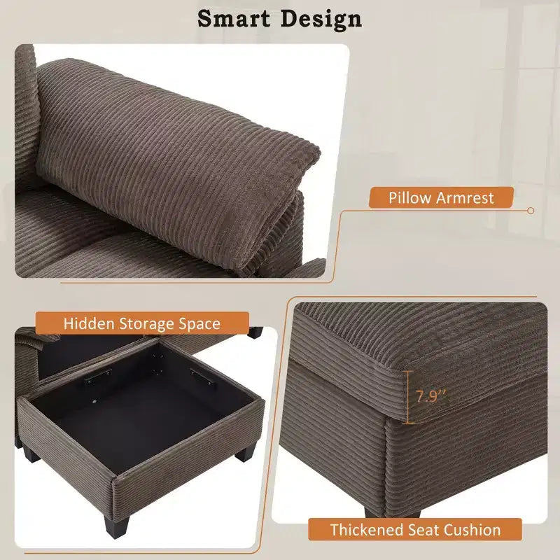 Canapé d'angle en velours côtelé Polibi en U avec poufs de rangement cachés, console USB et porte-gobelets