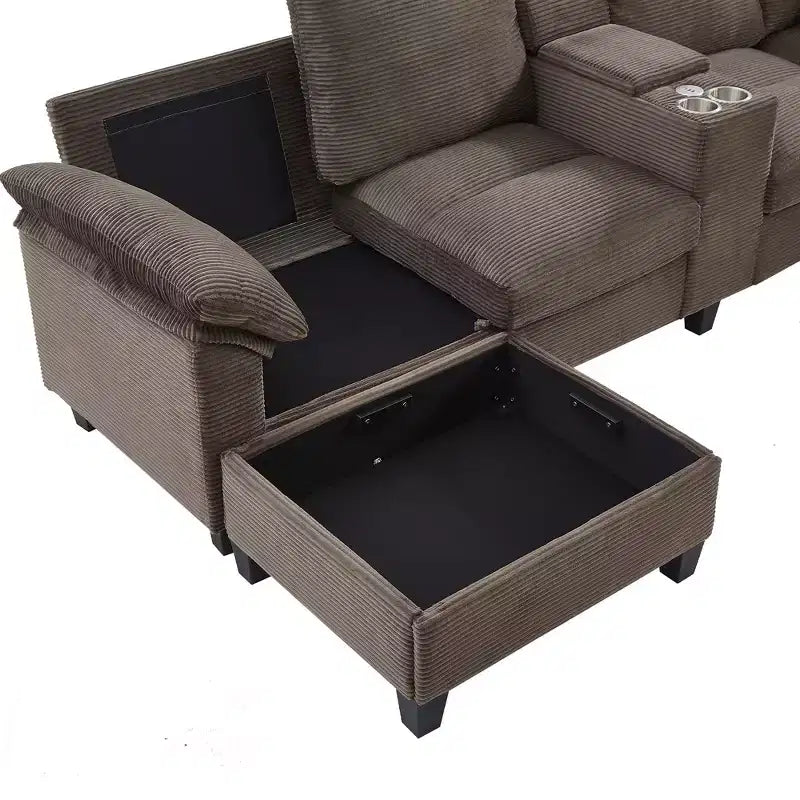 Canapé d'angle en velours côtelé Polibi en U avec poufs de rangement cachés, console USB et porte-gobelets