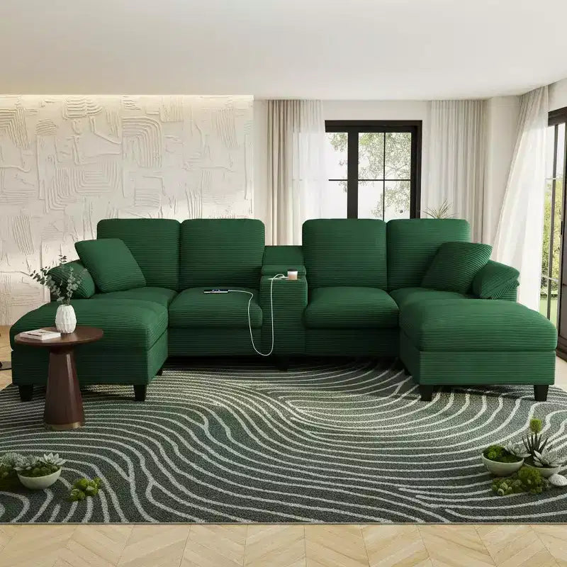 Canapé d'angle en velours côtelé Polibi en U avec poufs de rangement cachés, console USB et porte-gobelets
