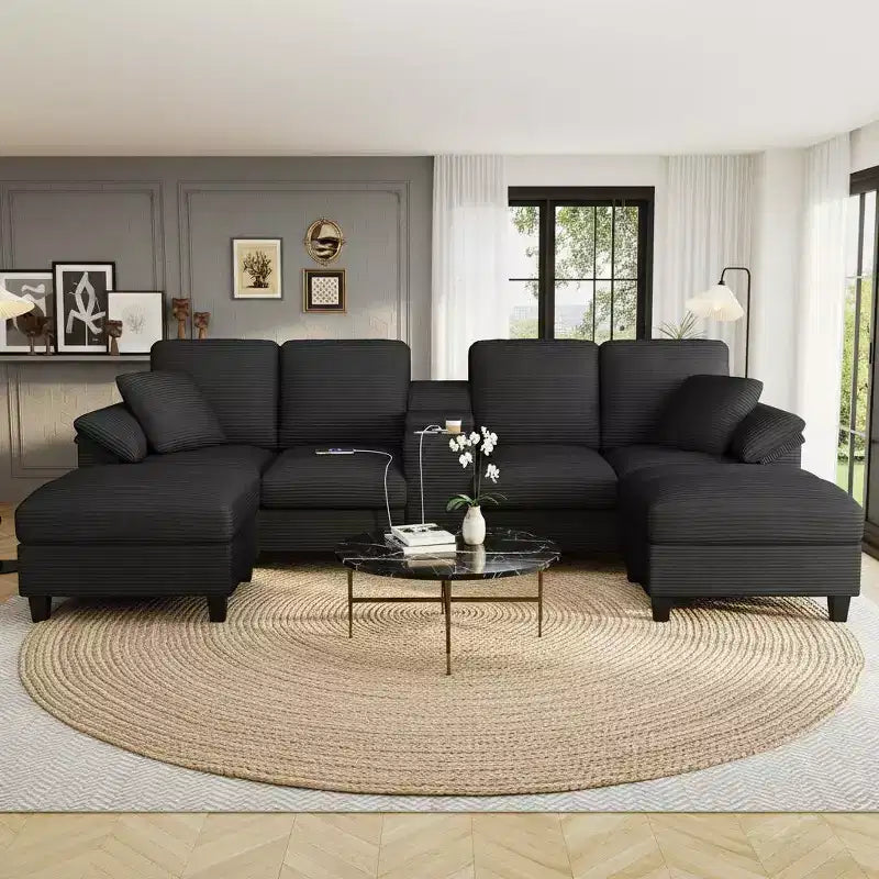 Canapé d'angle en velours côtelé Polibi en U avec poufs de rangement cachés, console USB et porte-gobelets