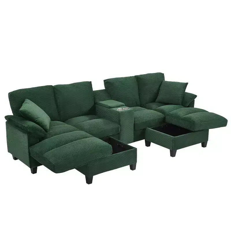 Canapé d'angle en velours côtelé Polibi en U avec poufs de rangement cachés, console USB et porte-gobelets