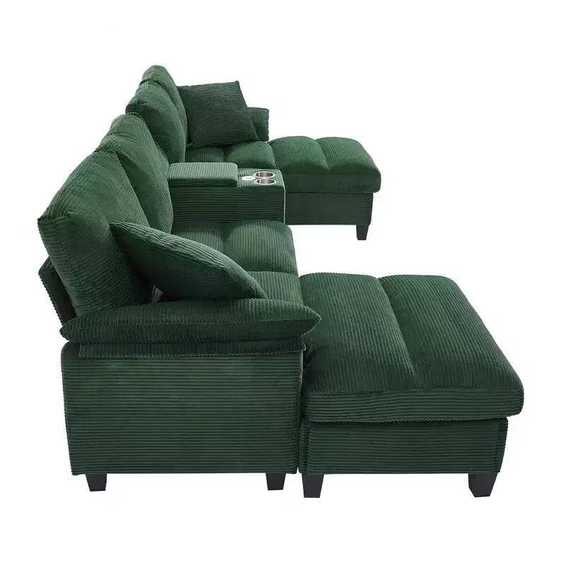 Canapé d'angle en velours côtelé Polibi en U avec poufs de rangement cachés, console USB et porte-gobelets