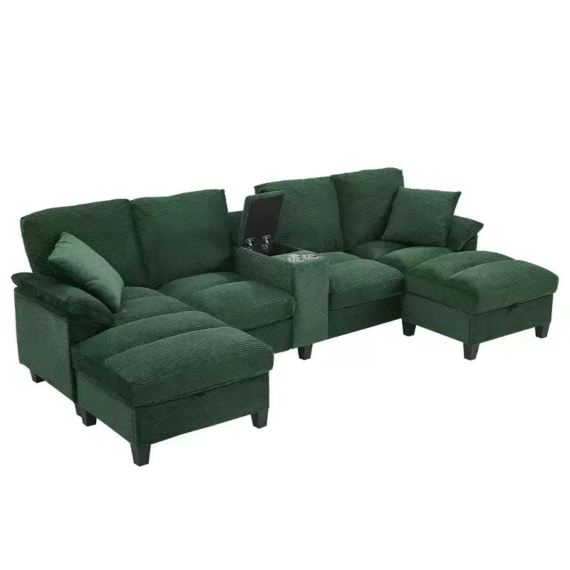 Canapé d'angle en velours côtelé Polibi en U avec poufs de rangement cachés, console USB et porte-gobelets