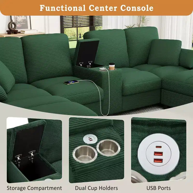 Canapé d'angle en velours côtelé Polibi en U avec poufs de rangement cachés, console USB et porte-gobelets