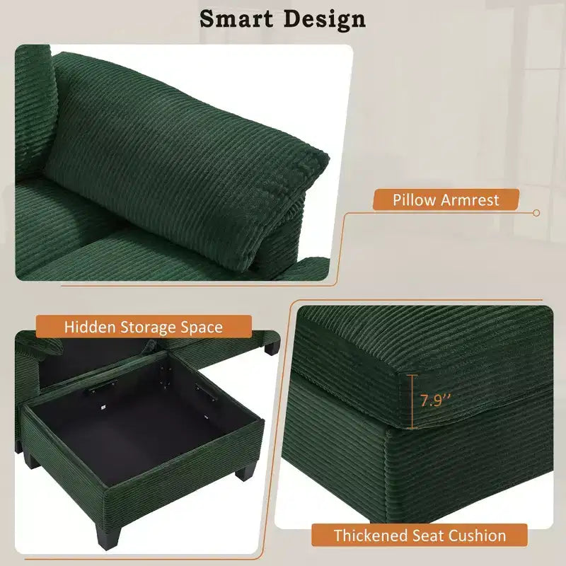 Canapé d'angle en velours côtelé Polibi en U avec poufs de rangement cachés, console USB et porte-gobelets