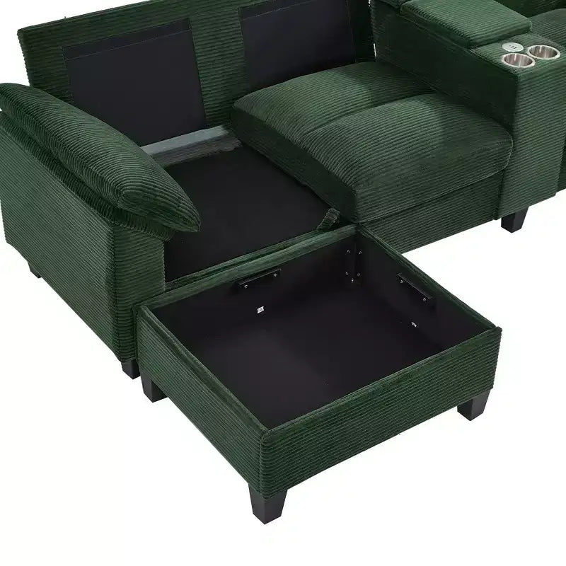 Canapé d'angle en velours côtelé Polibi en U avec poufs de rangement cachés, console USB et porte-gobelets