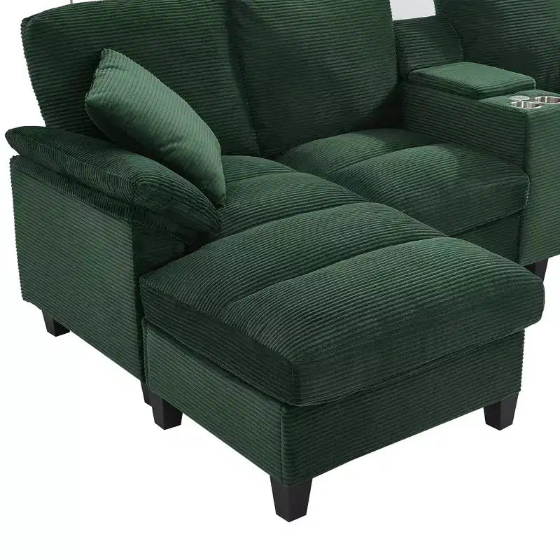 Canapé d'angle en velours côtelé Polibi en U avec poufs de rangement cachés, console USB et porte-gobelets