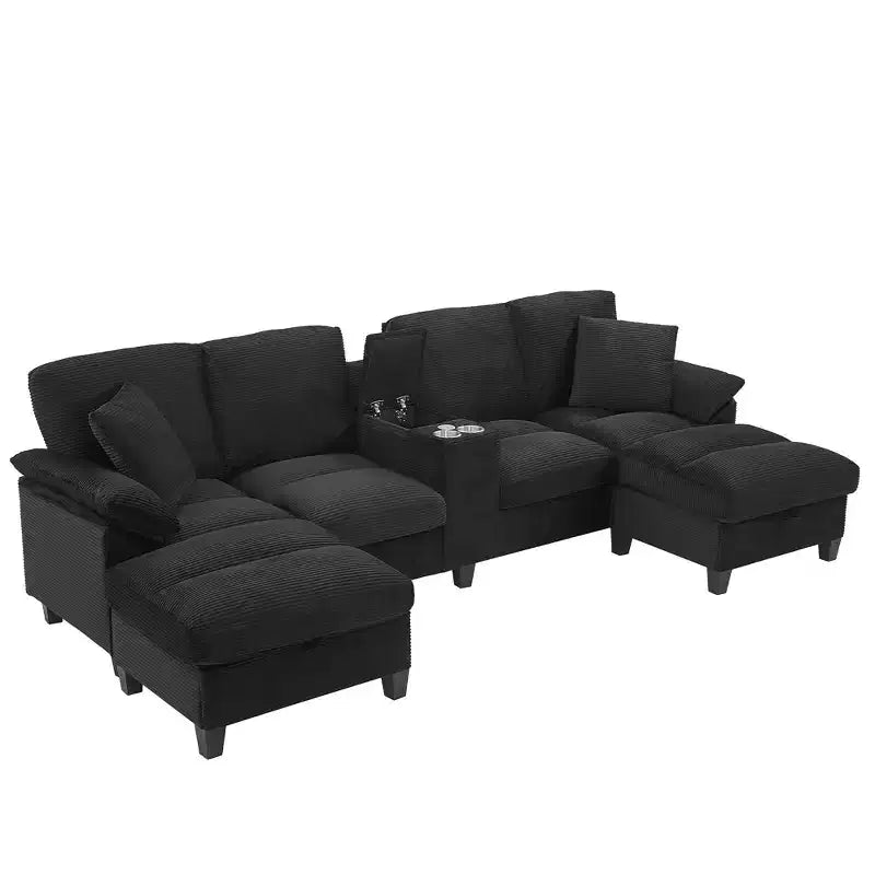 Canapé d'angle en velours côtelé Polibi en U avec poufs de rangement cachés, console USB et porte-gobelets