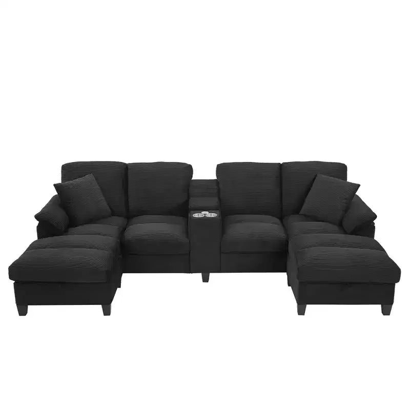 Canapé d'angle en velours côtelé Polibi en U avec poufs de rangement cachés, console USB et porte-gobelets