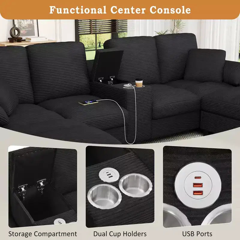 Canapé d'angle en velours côtelé Polibi en U avec poufs de rangement cachés, console USB et porte-gobelets