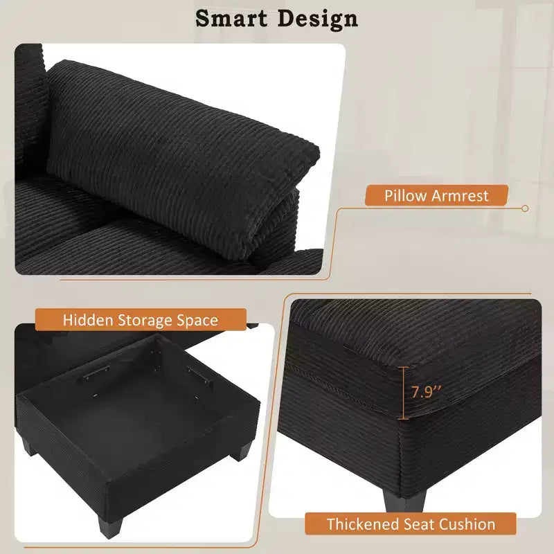 Canapé d'angle en velours côtelé Polibi en U avec poufs de rangement cachés, console USB et porte-gobelets