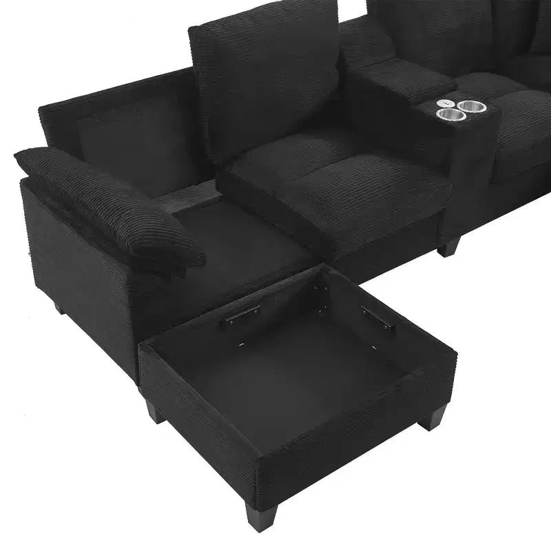Canapé d'angle en velours côtelé Polibi en U avec poufs de rangement cachés, console USB et porte-gobelets