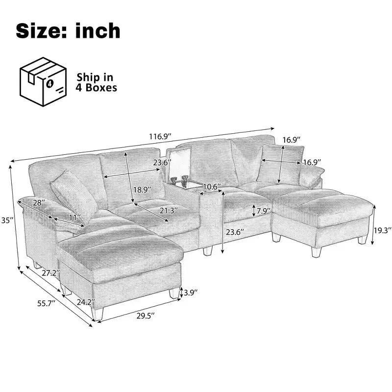 Canapé d'angle en velours côtelé Polibi en U avec poufs de rangement cachés, console USB et porte-gobelets