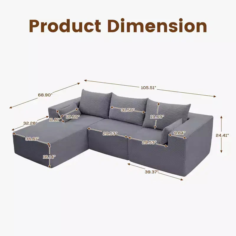 105.51 en velours côtelé sectionnel modulaire en forme de L avec pouf