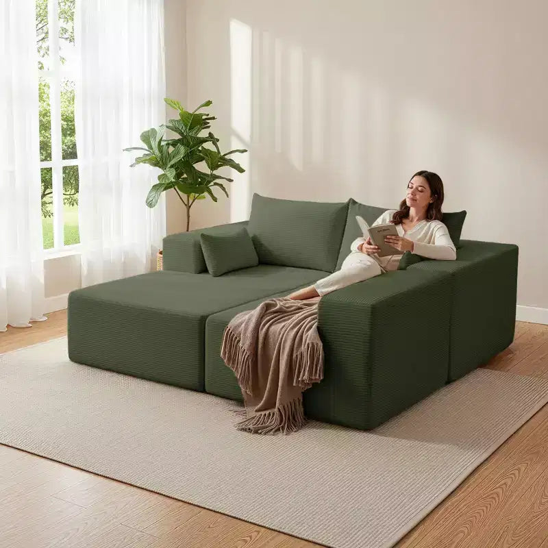 105.51 en velours côtelé sectionnel modulaire en forme de L avec pouf