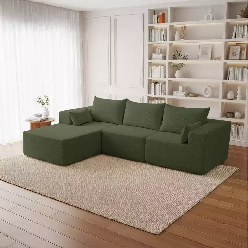 105.51 en velours côtelé sectionnel modulaire en forme de L avec pouf