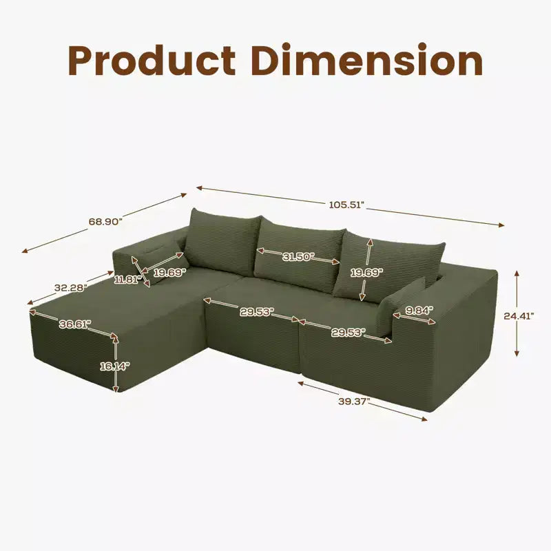 105.51 en velours côtelé sectionnel modulaire en forme de L avec pouf