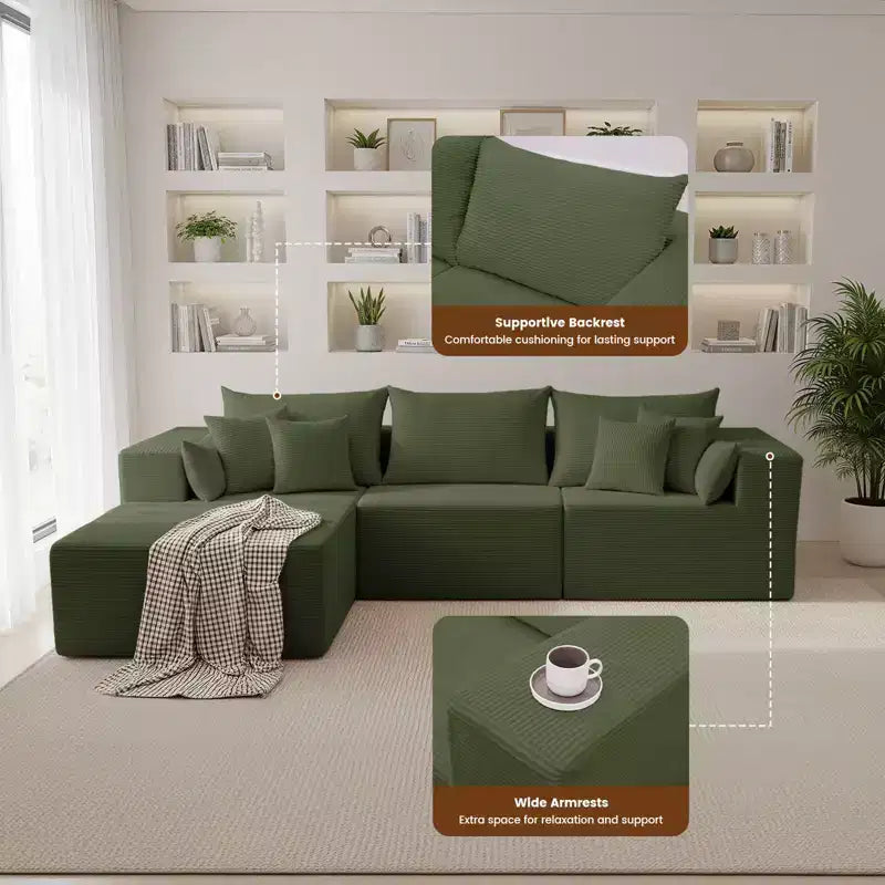 105.51 en velours côtelé sectionnel modulaire en forme de L avec pouf