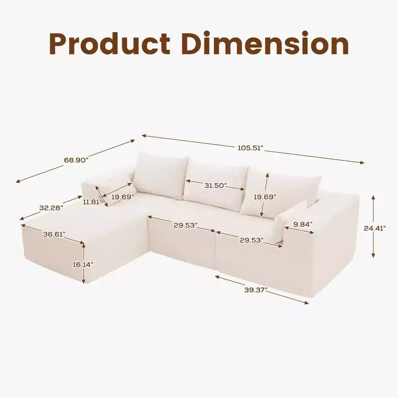 105.51 en velours côtelé sectionnel modulaire en forme de L avec pouf