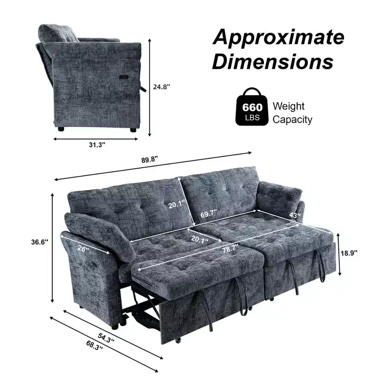 Canapé d'angle inclinable rectangulaire en tissu avec accoudoir droit de 89,8 pouces de large