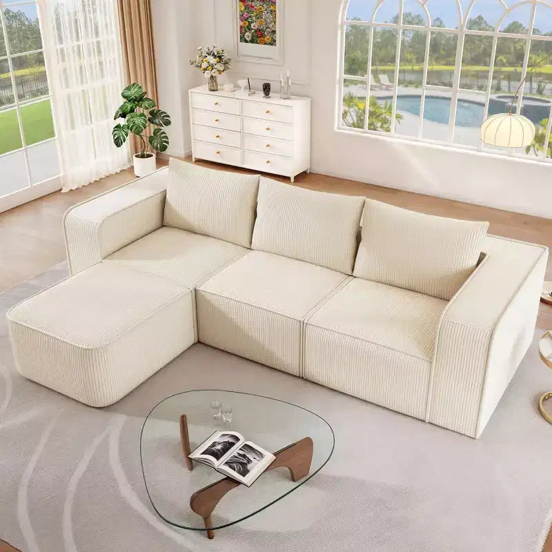 Canapé modulable Balconera 107 Cloud avec méridienne en L, assise profonde et 3 oreillers – Canapé moderne pour salon et appartement, peu encombrant, aucun assemblage requis.