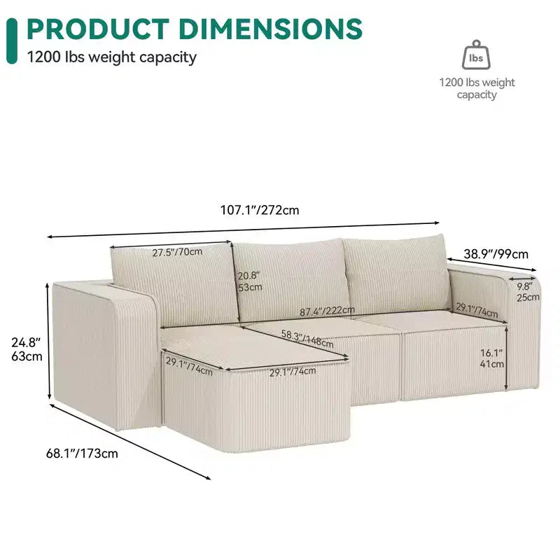 Canapé modulable Balconera 107 Cloud avec méridienne en L, assise profonde et 3 oreillers – Canapé moderne pour salon et appartement, peu encombrant, aucun assemblage requis.