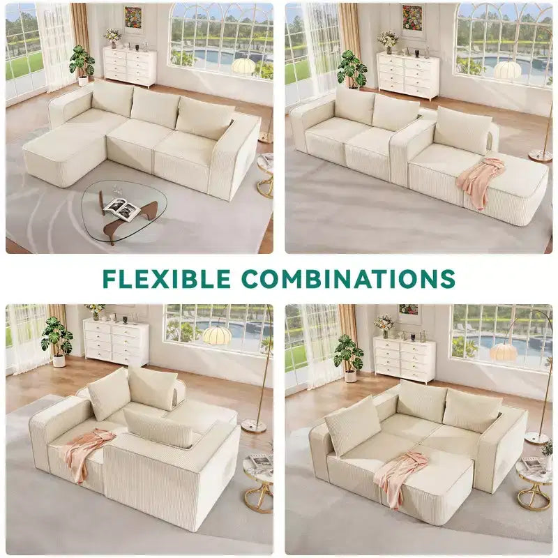 Canapé modulable Balconera 107 Cloud avec méridienne en L, assise profonde et 3 oreillers – Canapé moderne pour salon et appartement, peu encombrant, aucun assemblage requis.