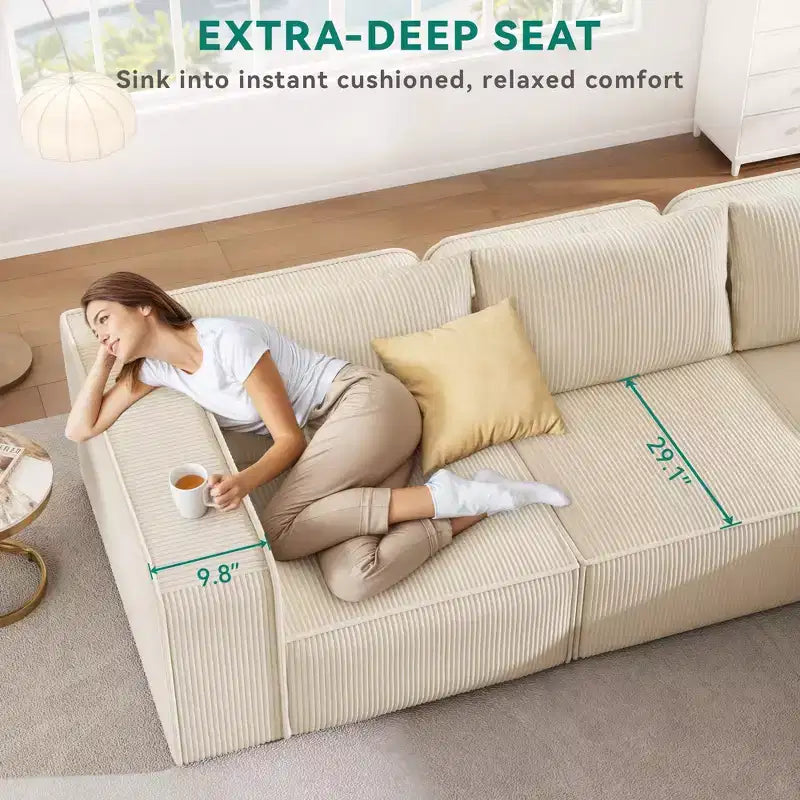 Canapé modulable Balconera 107 Cloud avec méridienne en L, assise profonde et 3 oreillers – Canapé moderne pour salon et appartement, peu encombrant, aucun assemblage requis.