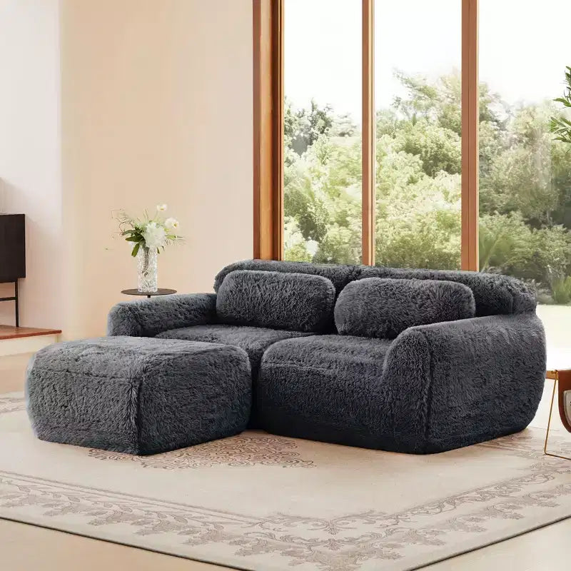 Canapé sans os en tissu peluche kaki clair de 203 cm avec coussins de jet et pouf en éponge haute densité 32D pour salons