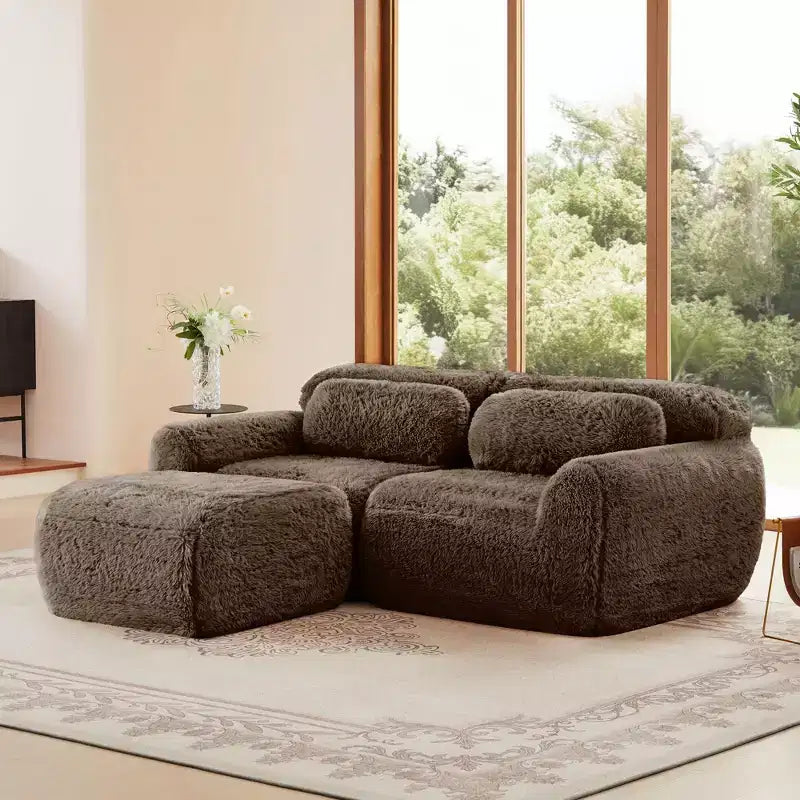 Canapé sans os en tissu peluche kaki clair de 203 cm avec coussins de jet et pouf en éponge haute densité 32D pour salons
