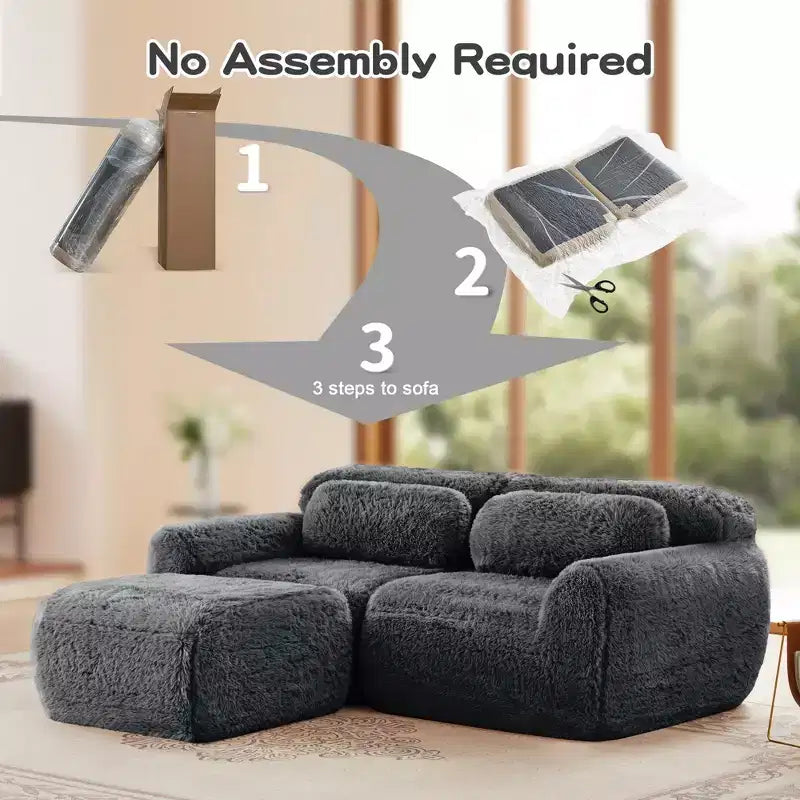 Canapé sans os en tissu peluche kaki clair de 203 cm avec coussins de jet et pouf en éponge haute densité 32D pour salons