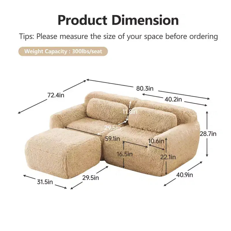Canapé sans os en tissu peluche kaki clair de 203 cm avec coussins de jet et pouf en éponge haute densité 32D pour salons