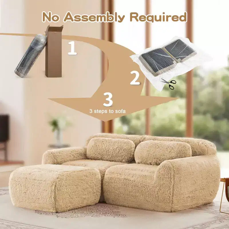 Canapé sans os en tissu peluche kaki clair de 203 cm avec coussins de jet et pouf en éponge haute densité 32D pour salons