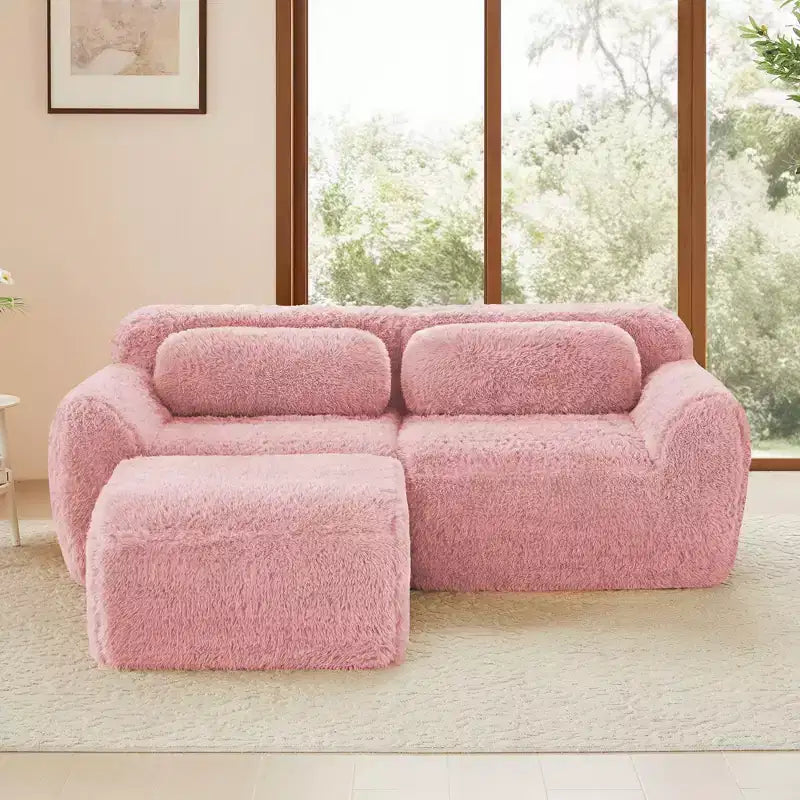 Canapé sans os en tissu peluche kaki clair de 203 cm avec coussins de jet et pouf en éponge haute densité 32D pour salons
