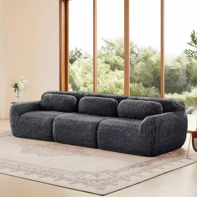 Canapé sectionnel de 114 po en tissu peluche marron avec oreillers (Connexion à boucle)