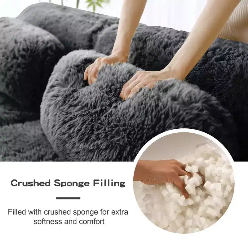 Canapé sectionnel de 114 po en tissu peluche marron avec oreillers (Connexion à boucle)