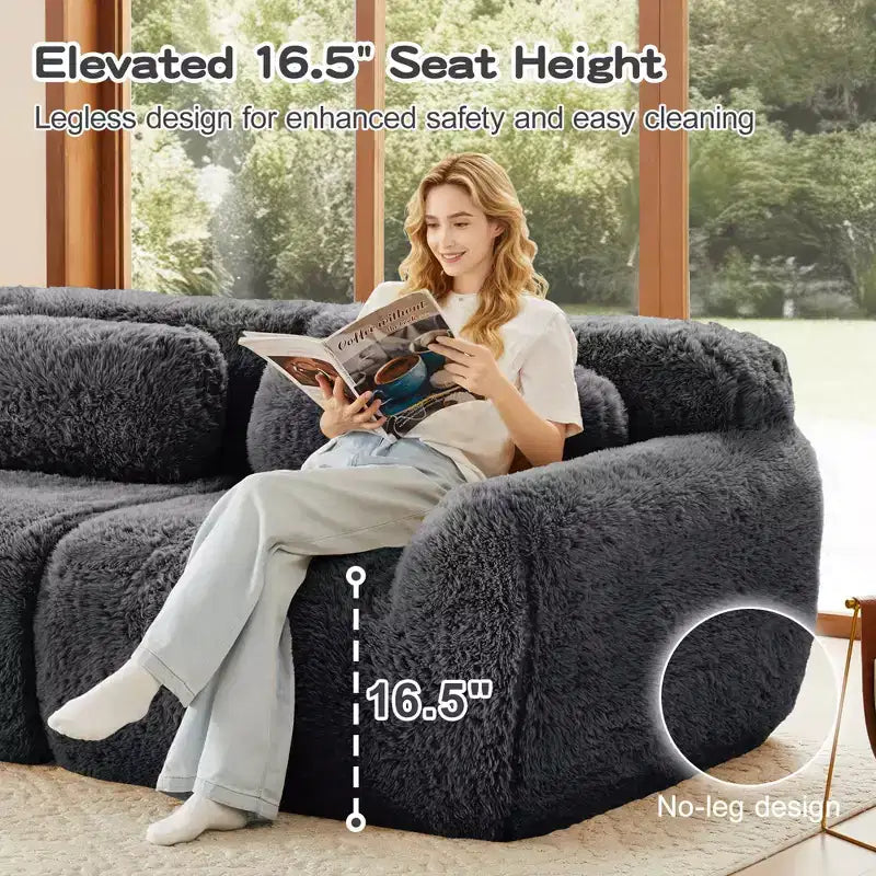 Canapé sectionnel de 114 po en tissu peluche marron avec oreillers (Connexion à boucle)