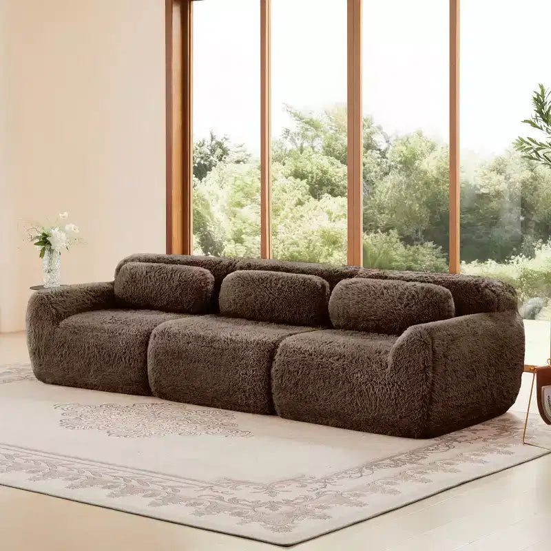 Canapé sectionnel de 114 po en tissu peluche marron avec oreillers (Connexion à boucle)