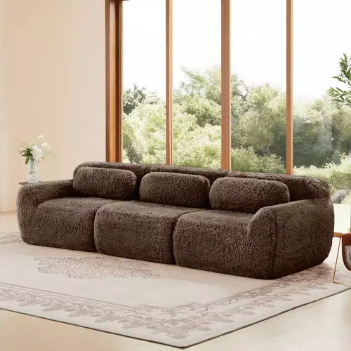 Canapé sectionnel de 114 po en tissu peluche marron avec oreillers (Connexion à boucle)