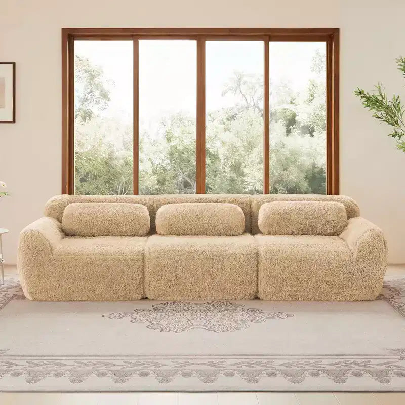 Canapé sectionnel de 114 po en tissu peluche marron avec oreillers (Connexion à boucle)