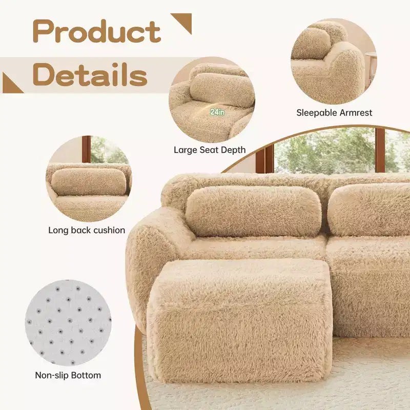 Canapé sectionnel de 114 po en tissu peluche marron avec oreillers (Connexion à boucle)